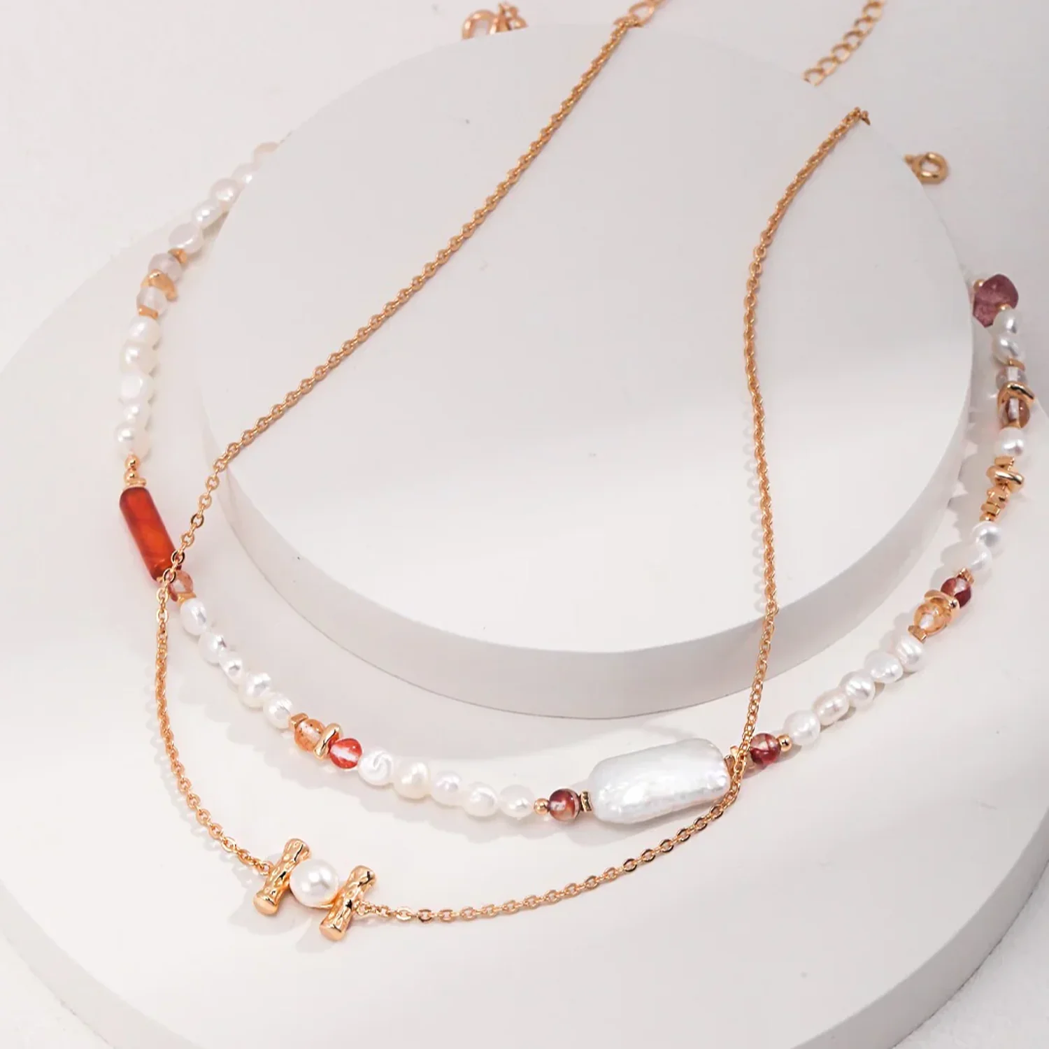 Strawberry Quartz with Baroque Pearl Necklace