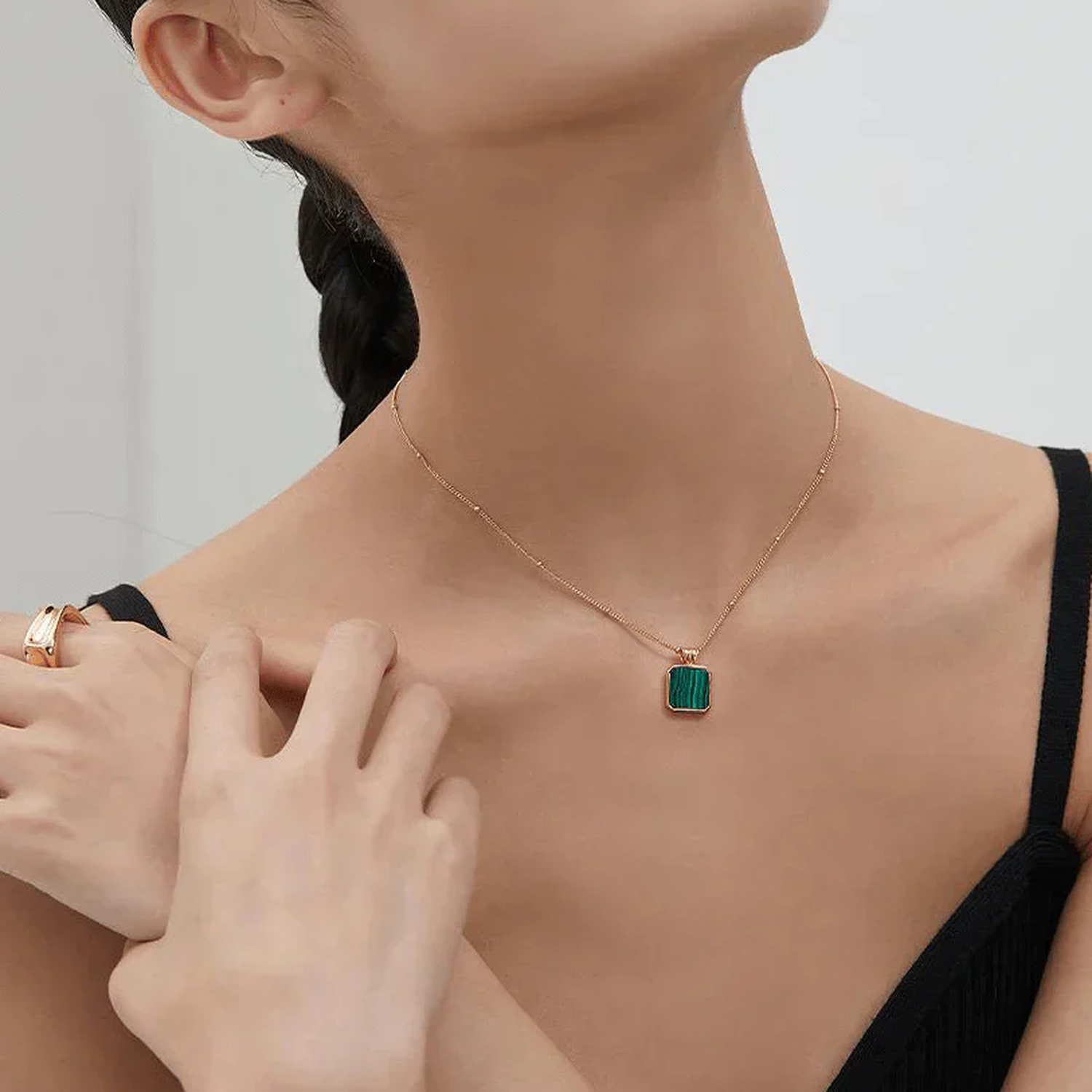 Satellite Chain Square Malachite Pendant Necklace
