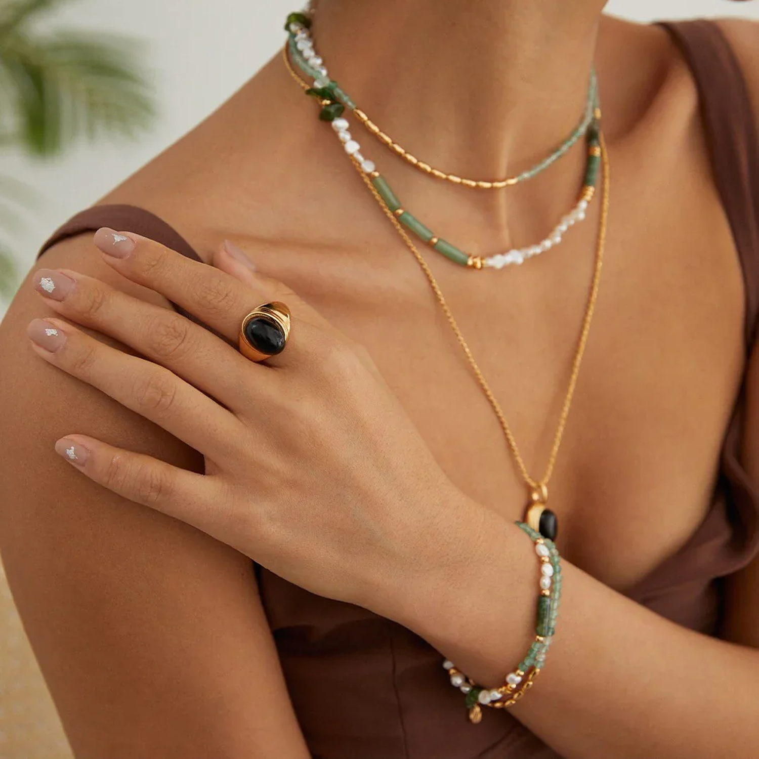 Moss Agate & Green Strawberry Quartz Pearl Bracelet