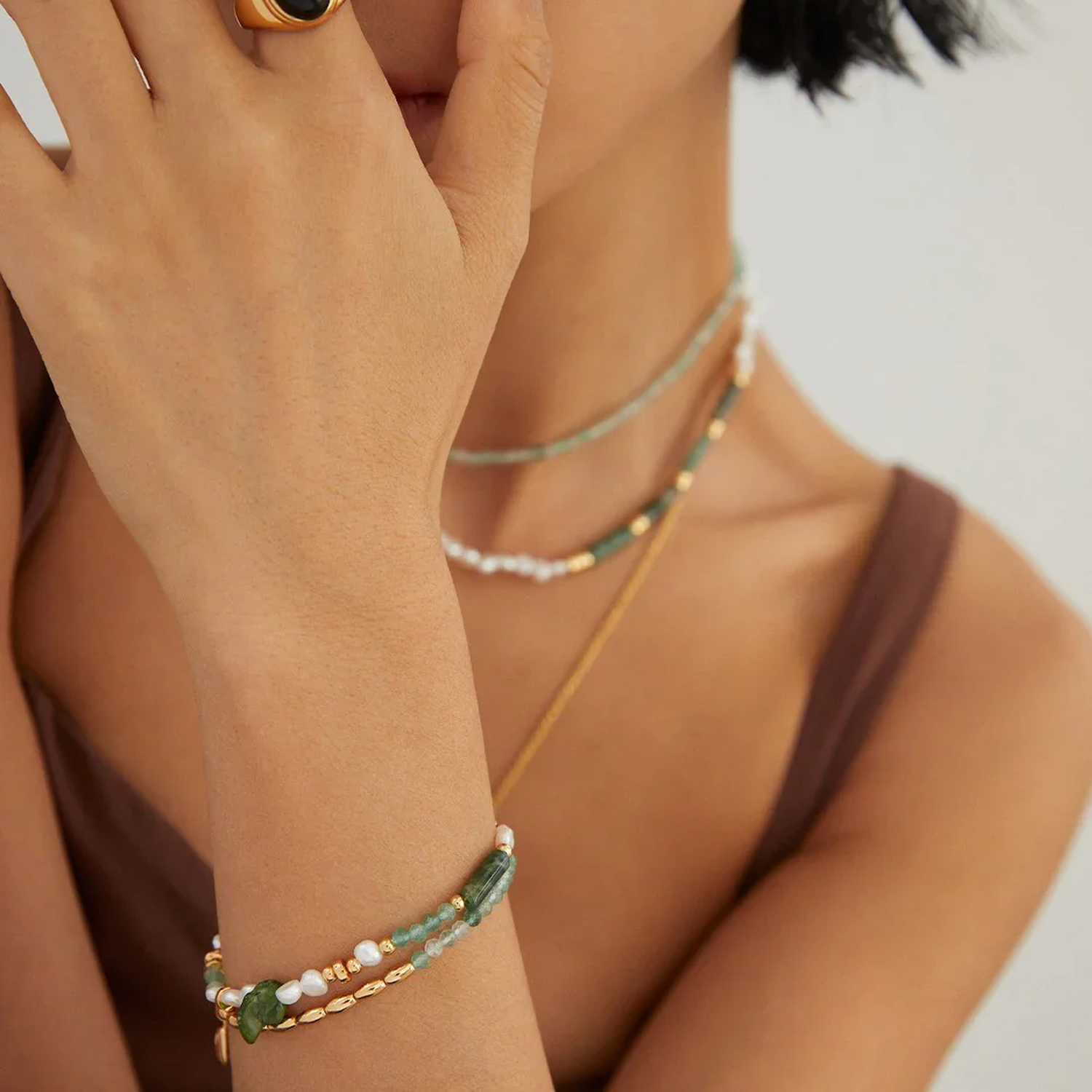 Moss Agate & Green Strawberry Quartz Pearl Bracelet