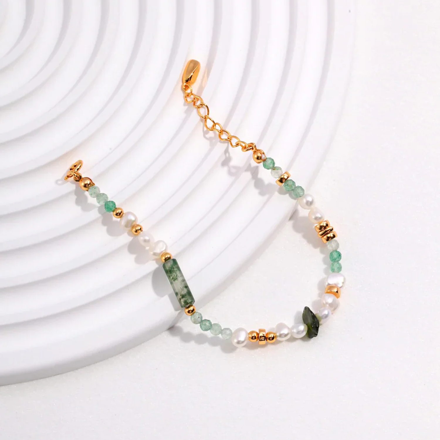Moss Agate & Green Strawberry Quartz Pearl Bracelet