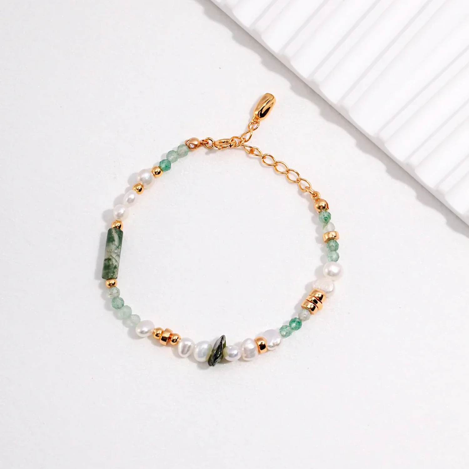 Moss Agate & Green Strawberry Quartz Pearl Bracelet