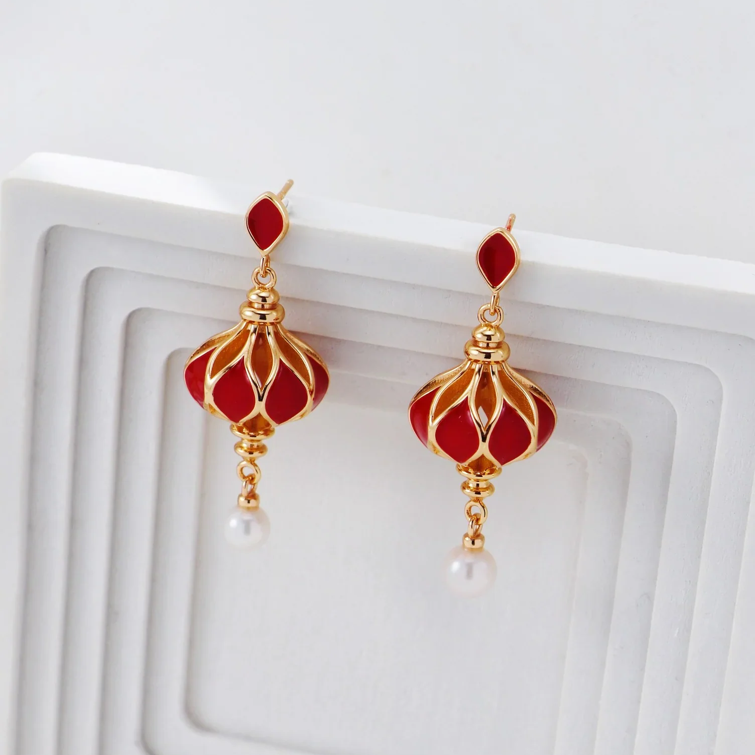 Red Enamel Lantern Pearl Earrings