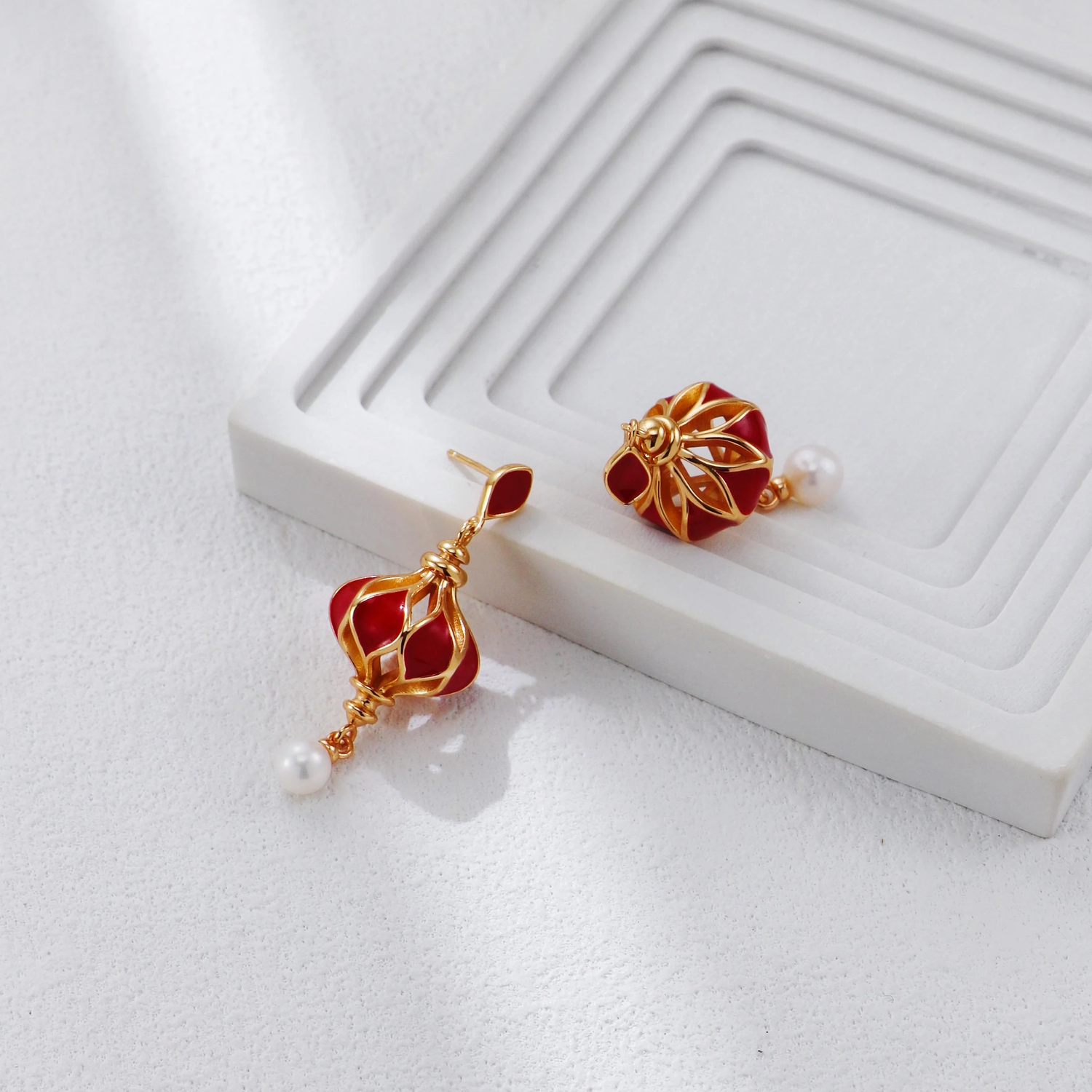 Red Enamel Lantern Pearl Earrings