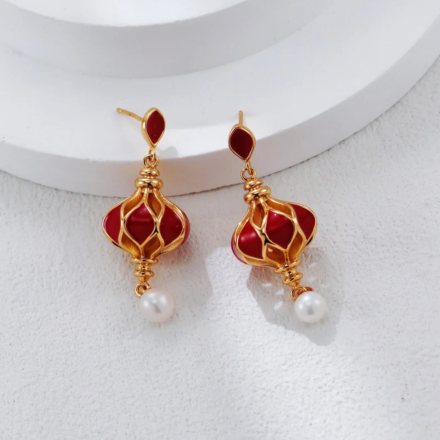 Red Enamel Lantern Pearl Earrings