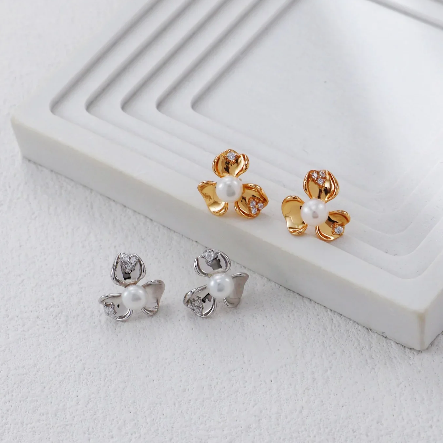 Petal Pearl and Zirconia Earrings