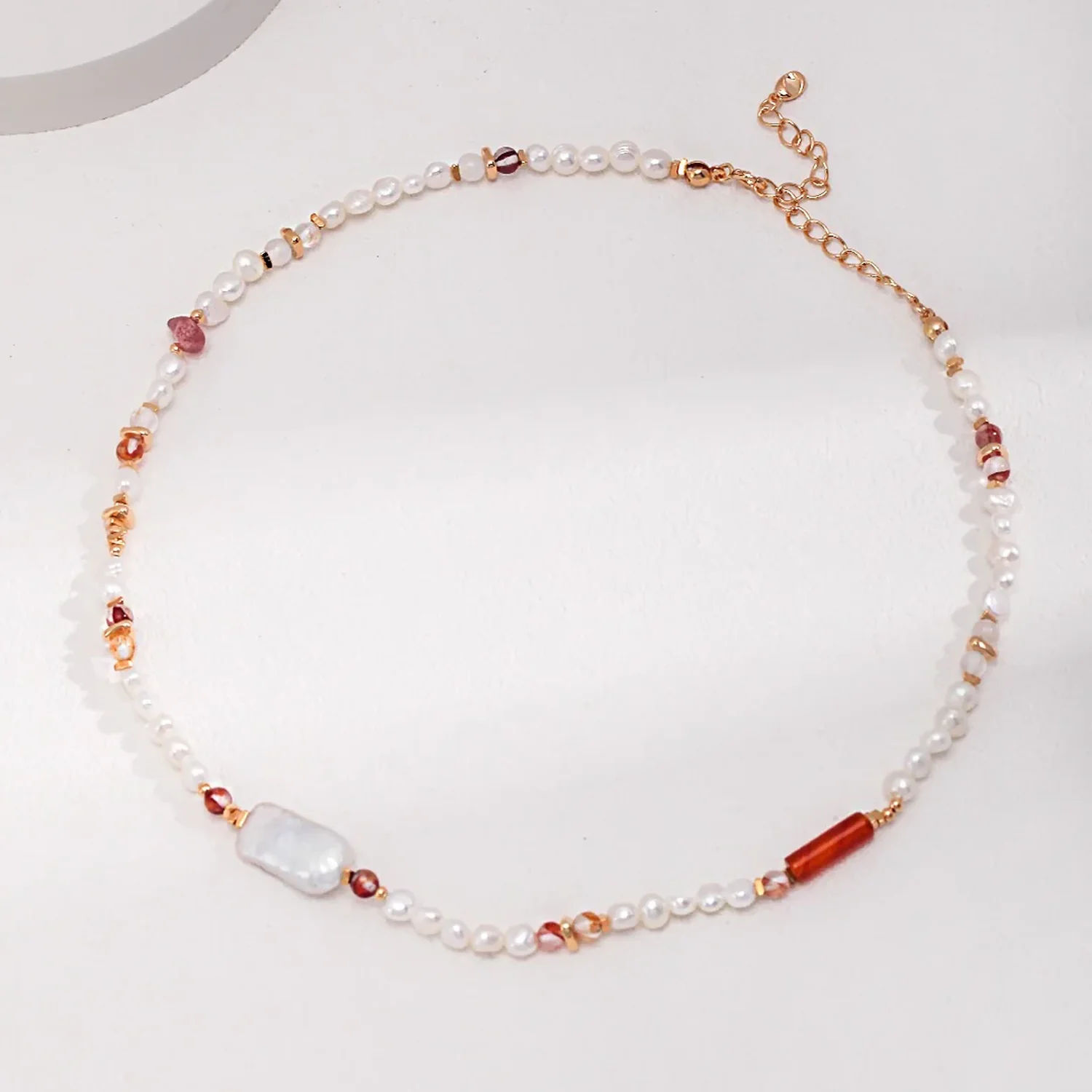 Strawberry Quartz with Baroque Pearl Necklace